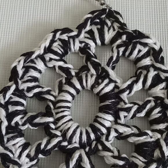 Handmade Black and White Cotton Thread Crochet Oversized Dangle Style Earrings - Picture 5 of 8